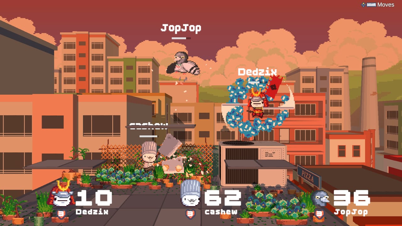 Smack Talk rooftop match with Chef, a pigeon, and a samurai, showing stocks, percents, and the Moves prompt