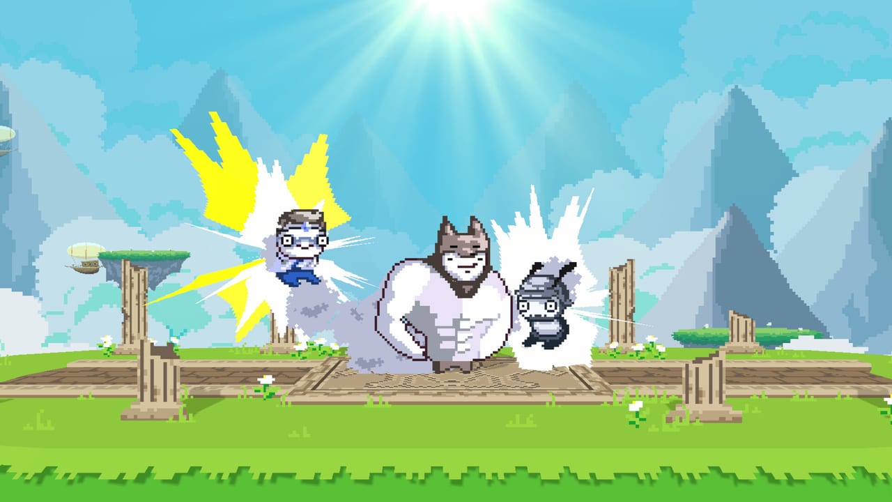 Smack Talk grassy arena with a gorilla, a ninja, and a blast of yellow knockback effects